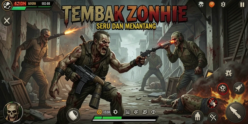 Antarmuka permainan 62IDN saat pertempuran melawan zombie.