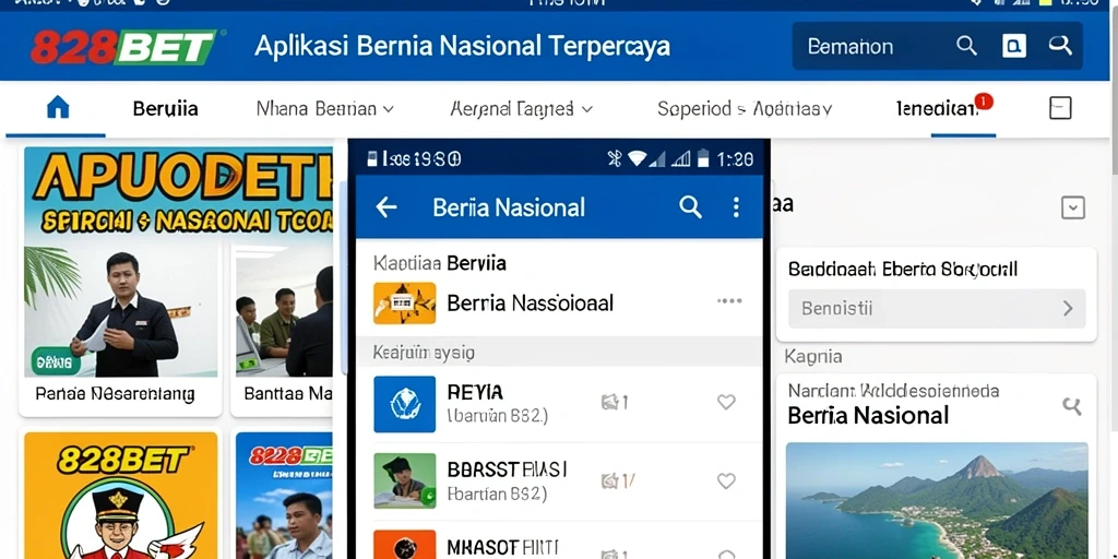 Tampilan antarmuka aplikasi 828BET dengan menu berita nasional.