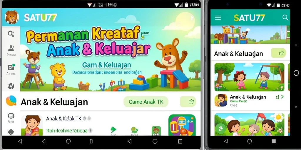 Antarmuka pengguna SATU77 yang ceria dan interaktif untuk anak-anak.